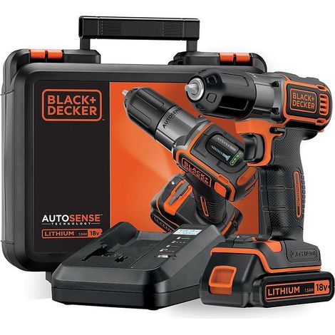 Black & Decker – Perceuse sans fil 18V 1,5Ah – Couple 16Nm – Mandrin autoserrant 10mm – Technologie Autoselect – Coffret de rangement – ASD18K