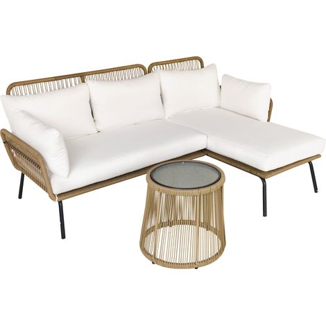 Salon de jardin extérieur d'angle moduable 4 places en résine tressée canapé de jardin extérieur avec table basse coussins grand confort inclus crème (1/4)
