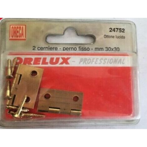 ORECA - 2 CERNIERE QUADRE CON PERNO FISSO, IN OTTONE LUCIDO 30X30MM