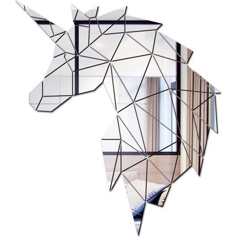 JSSEVN - Silver Animal Unicorn Wall Mirror, Acrylic Adhesive Wall Stickers, DIY Removable Wall Decoration for Living Room, Self-Adhesive Mirror, 52x60cm (1/4)