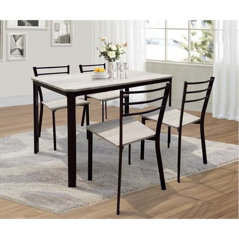 Mesa de cocina y comedor + 4 sillas LEEDS. Conjunto de comedor de diseño de metal y madera.