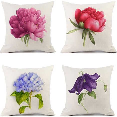 Taies d'oreiller Housse Coussin Lot de 4 en Lin d'extérieur avec Fleurs Motif Décoration pour Chambre, Salon, Sofa Balcon Canapé, Jardin, 45x45 cm