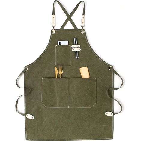 Tablier, tablier de cuisine, tablier de barbecue pour hommes et femmes, tablier en toile et denim avec poches et ceinture ajustable (Style 4) (1/4)