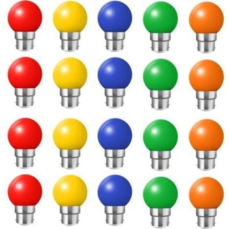 Lot de 20 ampoules led couleur b22 ampoules baïonnette 2w Rouge, Jaune, Orange, Vert, Bleu,Incassable (équivalence 20W), (1/5)