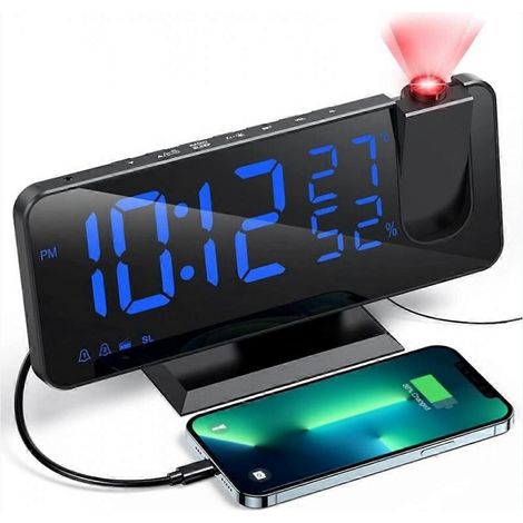 Réveil projecteur avec radio, horloge numérique, interface USB, luminosité réglable sur 3 niveaux, fonction snooze et volume réglable sur 15 niveaux format 12/24 heures convient pour… (1/5)