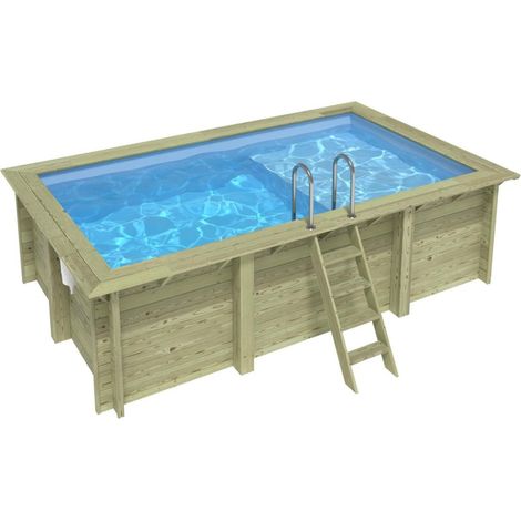 Piscina in legno AQUA 4.65 x 2.85 – H.1.24 m con spiaggia, azzurro chiaro, con supporti fissati al calcestruzzo - BAS7306OSPL+PLA306