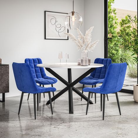 Malvern Round Dining Table And Chairs -  Marble Table Top w Solid Black Oak Legs + Nova Velvet Dining Chair Set Of 4 (Blue) (1/5)