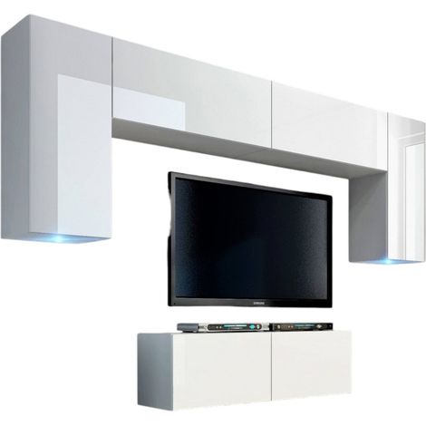 Set di mobili da soggiorno bianchi sospesi collezione CEPTO II 256cm, 6 porte, 4 ripiani, led, modulari. (1/5)