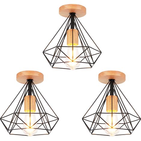 3 Pack Diamond Shape Ceiling Light Industrial E27 25cm Lampe Ceiling Light in Wood Metal for Corridor Stairs Entrance Bedroom Black (1/5)
