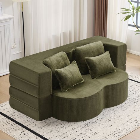 Klappsofa grün aus Schaumstoff und Federkern mit 4 Kissen, 2-in-1 Bodensofa und Gästebett (1/5)