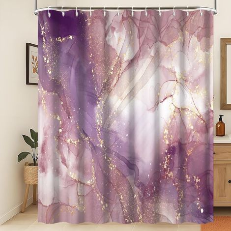 Rideau de Douche en marbre Mauve Éclats d'or Rideau de Salle de Bain Mixte Violet Blanc Éclats d'or Rideau de Douche marbre coloré Tissu imperméable et Lavable en Machine 150x200cm (1/5)