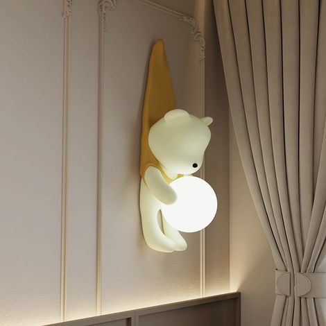 Applique murale moderne pour chambre d'enfant, applique murale ours de dessin animé avec abat-jour en verre, lampe murale créative en résine rose/jaune, luminaire décoratif pour chambre de gar