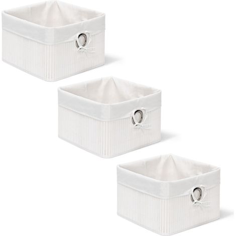Set of 3 Relaxdays Storage Basket, Fabric Lining, Bamboo, Rectangular, Bathroom, Accessories, HxWxD: 20x31x31 cm White