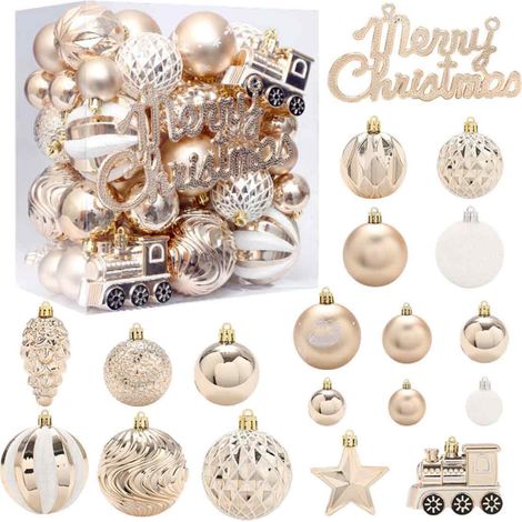 Lot de 65 boules de Noël, blanc et champagne clair, décoration suspendue sapin, intérieur maison (1/5)