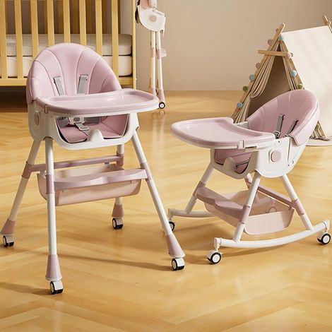 Hofuton 3 en 1 chaise haute bébé évolutive pliable cheval à bascule réglable en hauteur avec roulettes rose (1/5)