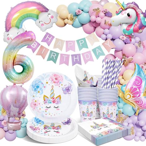 Assiettes Anniversaire Licorne, 6 Ans Kit Deco Anniversaire Fille, Licorne Decoration Avec Ballon pour 6 Ans Fille Enfants 16 Invités (1/5)