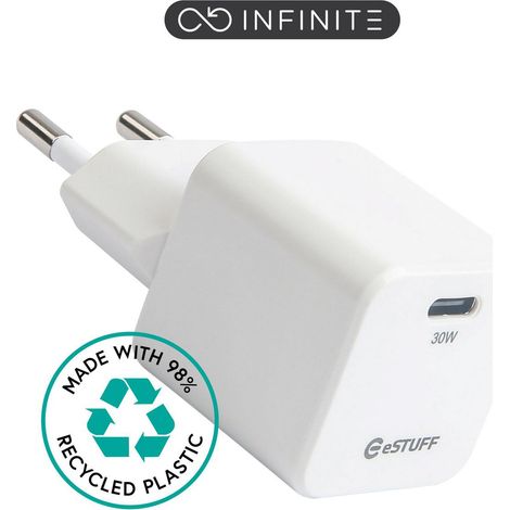 Cargador USB-C eSTUFF INFINITE de 30 W GaN UE. 1 USB-C. Blanco. 98 % reciclado. ES637027-BULK