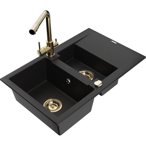 Mexen Gaspar évier en granit 1,5-bac avec égouttoir et robinet de cuisine Duero, noir - 6507-77-671600-50 (1/5)