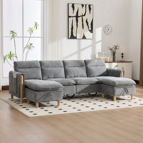 Sofá modular en U de 4 plazas en chenilla gris claro con 2 pufs con almacenaje y patas de madera (1/5)