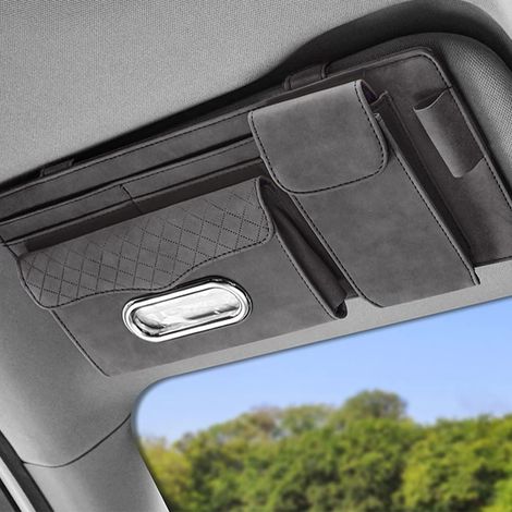 Portaocchiali da auto, clip per occhiali da sole, organizer per parasole, porta fazzoletti, con tasca per occhiali da sole, scomparto per carte e portapenne (grigio). (1/5)