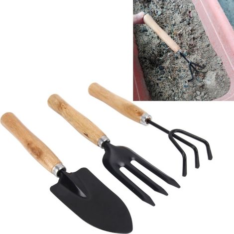 Ensemble de 3 outils de jardinage miniatures à manche en bois pour plantes en pot : pelle, râteau et fourche. (1/5)