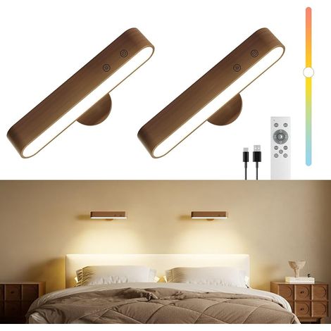 Applique murale à batterie 7500 mAh pour chambre à coucher, applique murale sans fil avec télécommande et tactile, rotation magnétique à 360° (Bois de Noyer - 2 Pièces) (1/5)