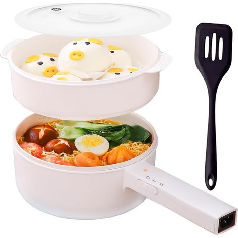 Casserole Électrique 1.5L avec Cuisson à la Vapeur, Pour Frire/Ramen/Fondue/Soupe, Revêtement Antiadhésif Céramique, Double Réglage de Puissance, Beige Clair (1/5)