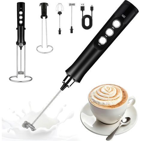 Mousseur à Lait Électrique USB Rechargeable avec Support Inox, Fouet à Lait Portable, 3 Vitesses et 2 Spirale Fouets Amovibles, Mini Batteur Électrique pour Café Latte Matcha Chocolat Chaud (1/5)