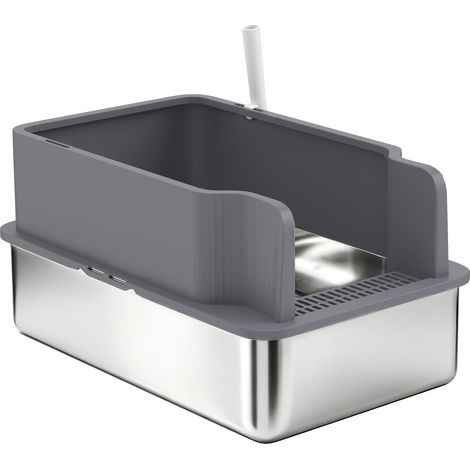 Grand bac à litière en acier inoxydable avec tamis, rebord haut, pelle et 10 tapis absorbants, gris foncé (1/5)