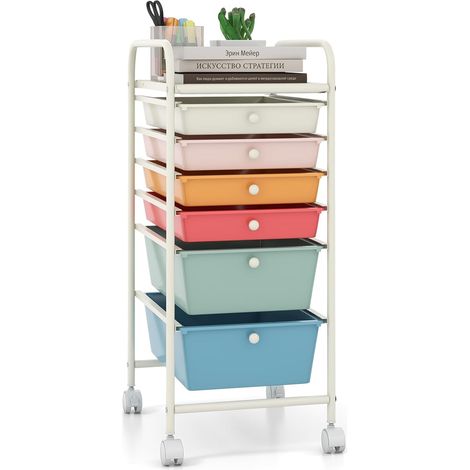 COSTWAY Carrello con 6 Cassetti e Ruote, Cassettiera in Plastica, con Due Dimensioni di Cassetti, Contenitore Multiuso per Casa Bagno e Ufficio, 37 x 74 x 32cm (Morandi) (1/5)