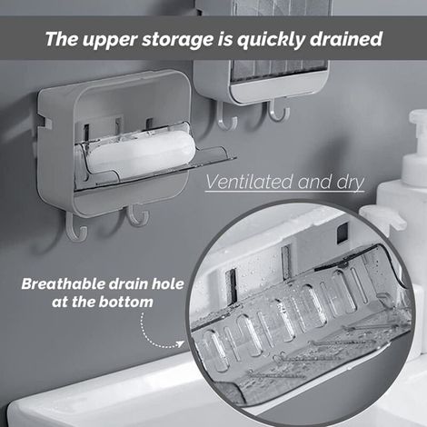 Portasapone da parete per bagno, doccia, cucina con scarico e 2 ganci, autoadesivo (grigio) (1/4)