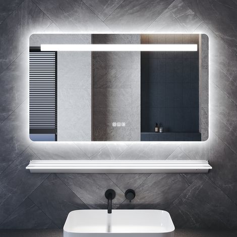 SONNI Antibeschlag Badspiegel mit Beleuchtung und Beleuchteter Ablage, 100×60cm Quadrat Badezimmerspiegel mit Doppel-LED-Beleuchtung 3 Lichtfarben Memory-Funktion