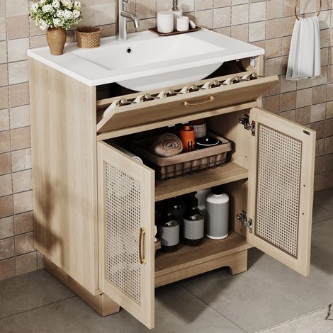 Mobile bagno con lavabo da terra 76 x 46 x 88 cm, mobile sottolavabo singolo con cassetto ribaltabile, 2 ante in rattan e lavabo in ceramica - Naturale