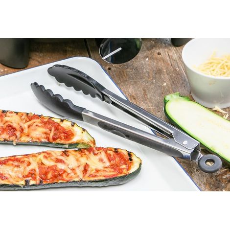 28 cm Grillzange – Edelstahl – Kunststoff – Zange und Spatel – Grillzubehör – Schwarz – Grau – Grill