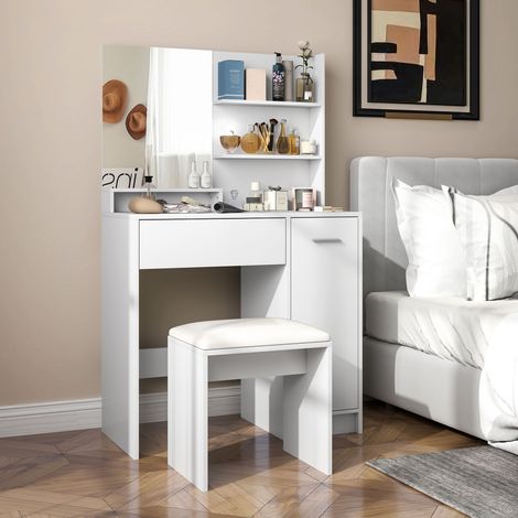 Set da toeletta con specchio e sgabello, cassetto e mobiletto con ripiano regolabile per camera da letto, 80L x 40P x 132A cm, bianco