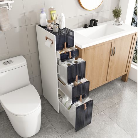 MODFU – Mueble de almacenamiento estrecho 42,5x27,5x99 cm de PP con 4 cajones, 2 tapas, ruedas frontales y patas antideslizantes – Blanco (1/5)