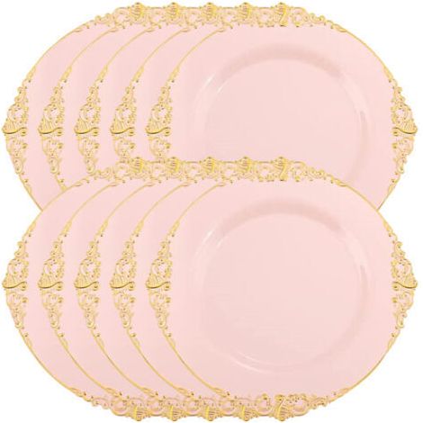 FENOPLASTICA10 assiettes/plats ronds en plastique rose pour salade/jetables, de 20 cm (8 pouces) de diamètre, avec des bords dorés en relief de style baroque, parfaits pour les décorations de fêtes et (1/5)