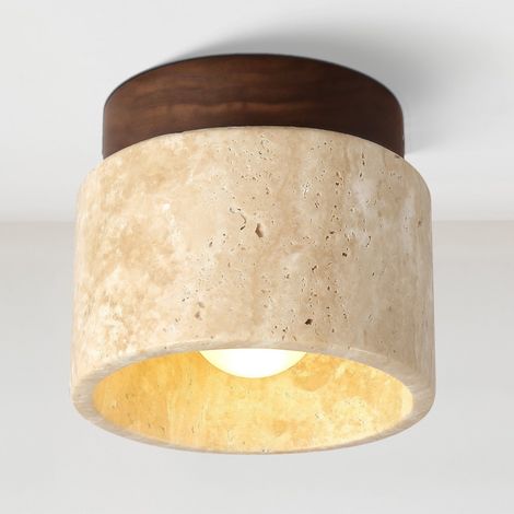 Plafonnier Intérieur 129cm, Lampe de Plafond en Pierre Jaune, Luminaire Moderne pour Salon Couloir Entrée Escalier (Ampoule Chaude Incluse) Rond Jaune+Noyer Bois (1/5)