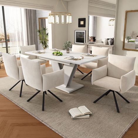 Conjunto de comedor extensible MDF blanco con 1 mesa 120/160x80 cm y 6 sillas de lino beige giratorias 360° (1/5)