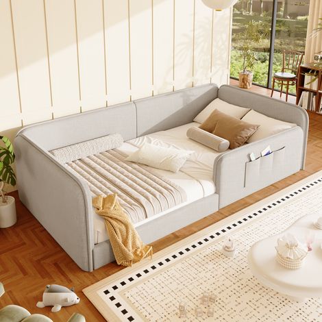 Lit banquette rembourré pour enfants 90x200 cm, cadre de sécurité enveloppant, poches latérales, charge 150 kg, MDF et revêtement en lin, beige (1/5)