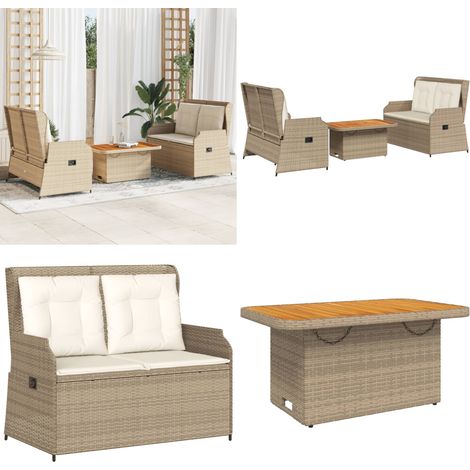 Salon de jardin avec coussins 3 pcs beige résine tressée - Banc de jardin - Table de jardin (1/5)