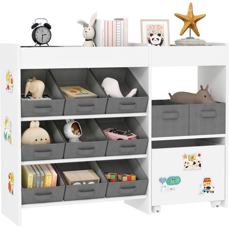 Étagère à jouets pour enfants - AIYAPLAY - cabinet sur roulettes, 11 bacs de rangements en tissu non tissé - blanc