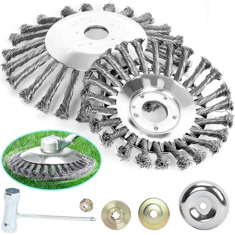 Cepillo de alambre de acero inoxidable de doble capa para desbrozadora, 200 mm y 150 mm, con adaptador de 25,4 mm, ideal para limpiar musgo en terrazas y jardines (1/4)