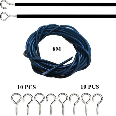 Corde à ressort noire de 8 mètres avec œillet, 10 crochets en forme de point d'interrogation, ensemble de 10 pièces (1/5)