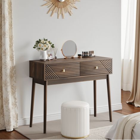 Mesa consola de MDF acabado nogal con 2 cajones, estilo moderno de mediados de siglo,100x35x80cm (1/5)