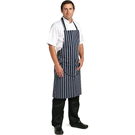 Tablier unisexe à bavette à rayures blanches avec poches frontales, bleu/blanc - Tablier de chef réglable, cuisine, bistrot, femme, homme, tablier avec poche A535 (1/3)