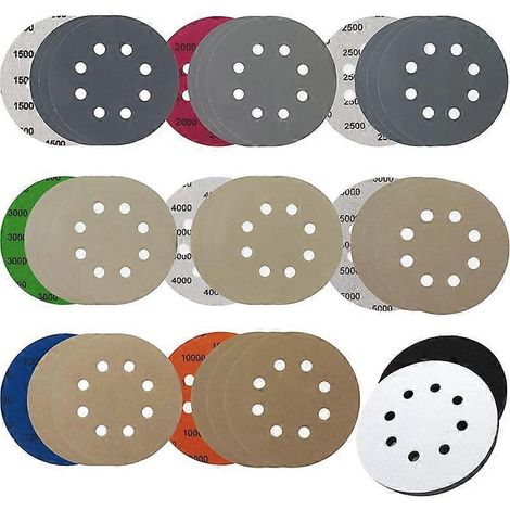 Lot de 32 disques de papier abrasif 5 pouces (12,7 cm) à 8 trous avec 2 inserts d'interface, fixation auto-agrippante, pour ponçage orbital aléatoire à l'eau ou à sec. (1/5)