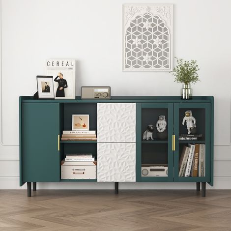Credenza 150x40x80 cm con 2 cassetti, 3 ante e 2 vani aperti, per cucina e soggiorno, verde (1/5)