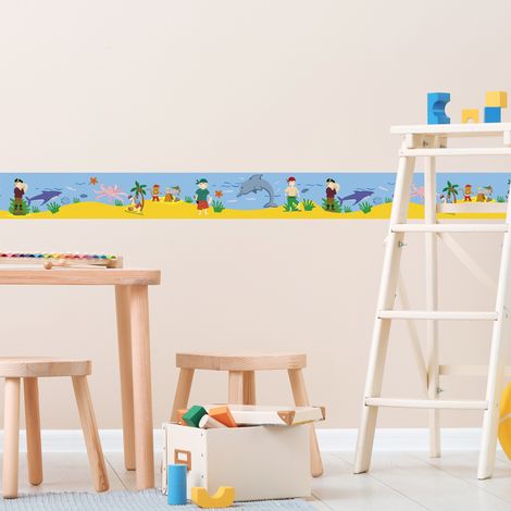 Frise Adhésive Pirates & Animaux de la Mer pour Chambre d'Enfant, 15x300cm, Autocollante & Colorée, Décoration Murale Enfant. (1/2)