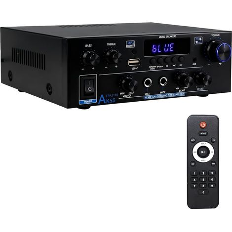 AK55 Amplificateur HiFi Mini Bluetooth 5.0 Amplificateur stéréo 2.0 canaux 70 W x 2 Amplificateur audio Amplificateur numérique avec radio FM, télécommande, Opt/AUX/RCA/USB/MIC/BT